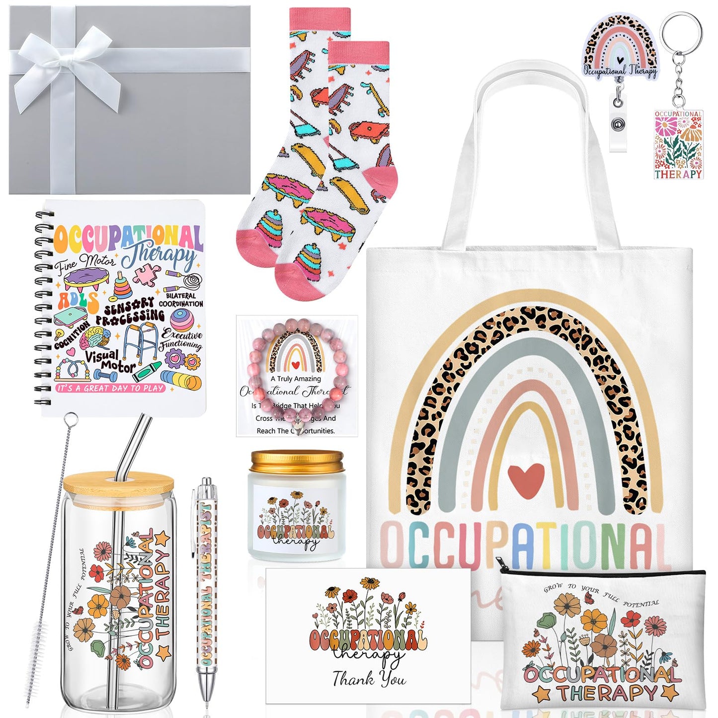 Remerry 12 Pcs Occupational Therapy Gifts for Women OT Month Appreciation Gifts Set Includes Tote Bag Pen Glass Cup Candle Notebook Bracelet Badge Holder for Graduation Teacher Student