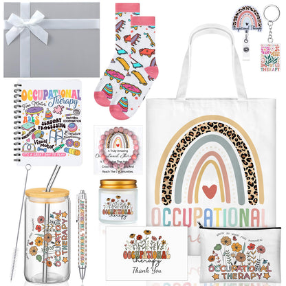 Remerry 12 Pcs Occupational Therapy Gifts for Women OT Month Appreciation Gifts Set Includes Tote Bag Pen Glass Cup Candle Notebook Bracelet Badge Holder for Graduation Teacher Student