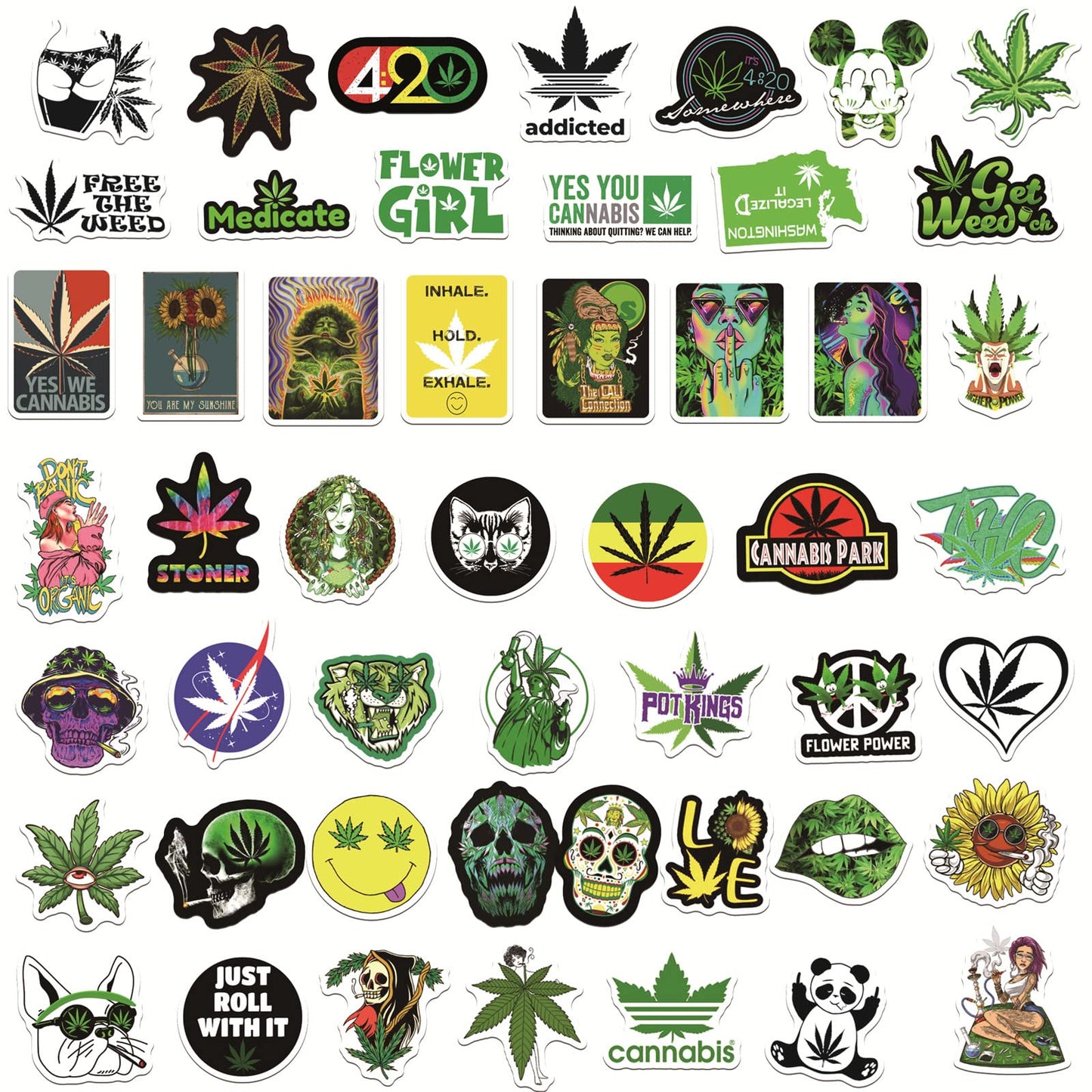 Weed Stickers for Adults, 50PCS Plant Vinyl Waterproof Marijuana Sticker Decals for Skateboard Water Bottles Bikes Luggage Etc.