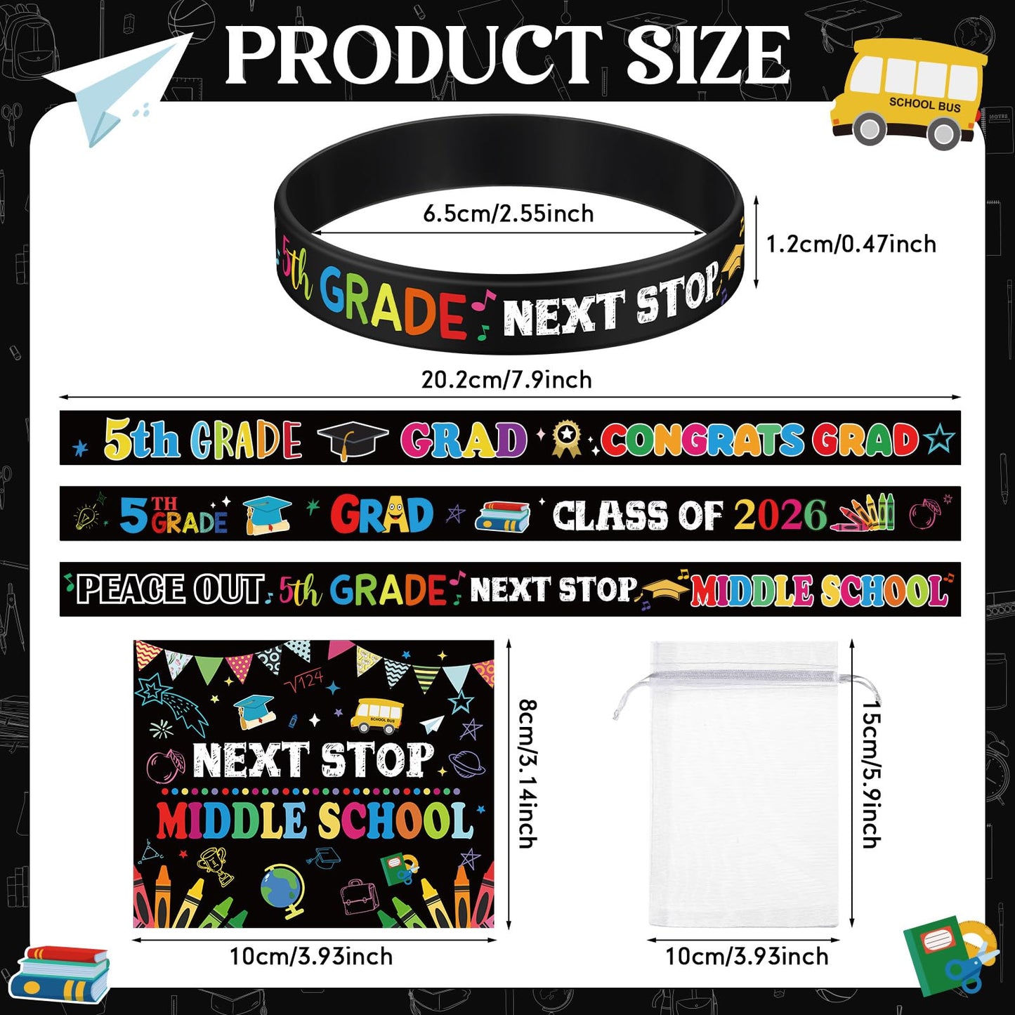 Cinnvoice 5th Grade Gifts for 2026 Graduation Include Grade Graduation Silicone Wristbands and Greeting Card with Organza Bags for 5th(24 Sets)