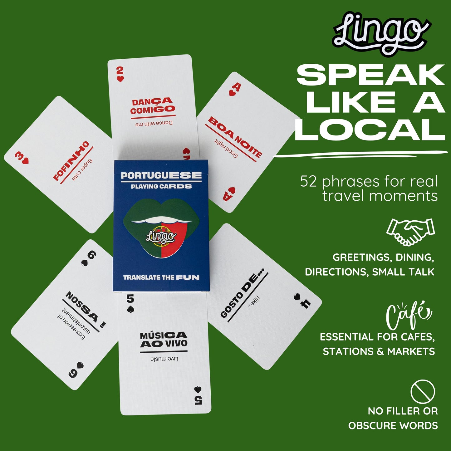 Portuguese Lingo Playing Cards | Travel Flashcards | Learn Portuguese Vocabulary in A Fun & Easy Way | 52 Essential Translations