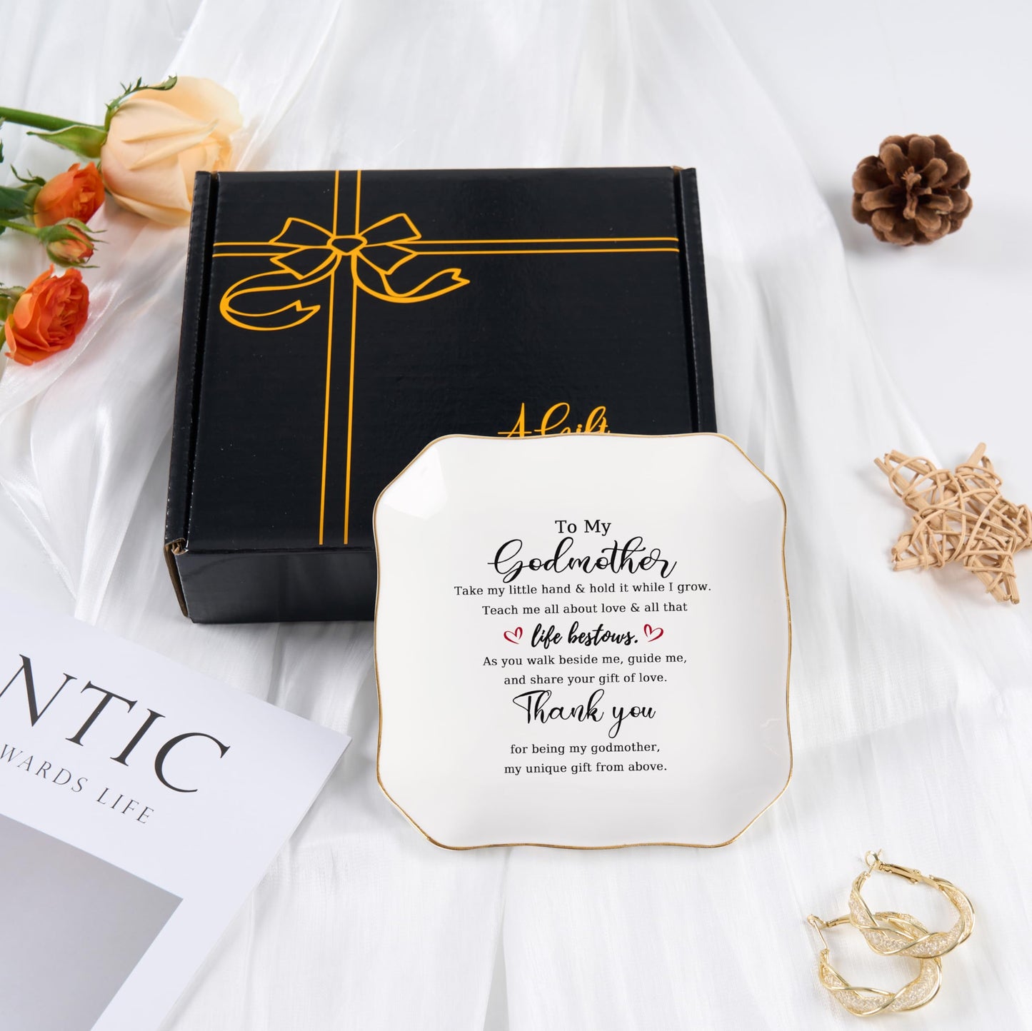 Godmother Gift Trinket Dish Jewelry Tray - To My Godmother Christmas Valentines Mother's Day Birthday Gifts for Godmother from Goddaughter, Madrina Gifts - Thank You for Being My Godmother