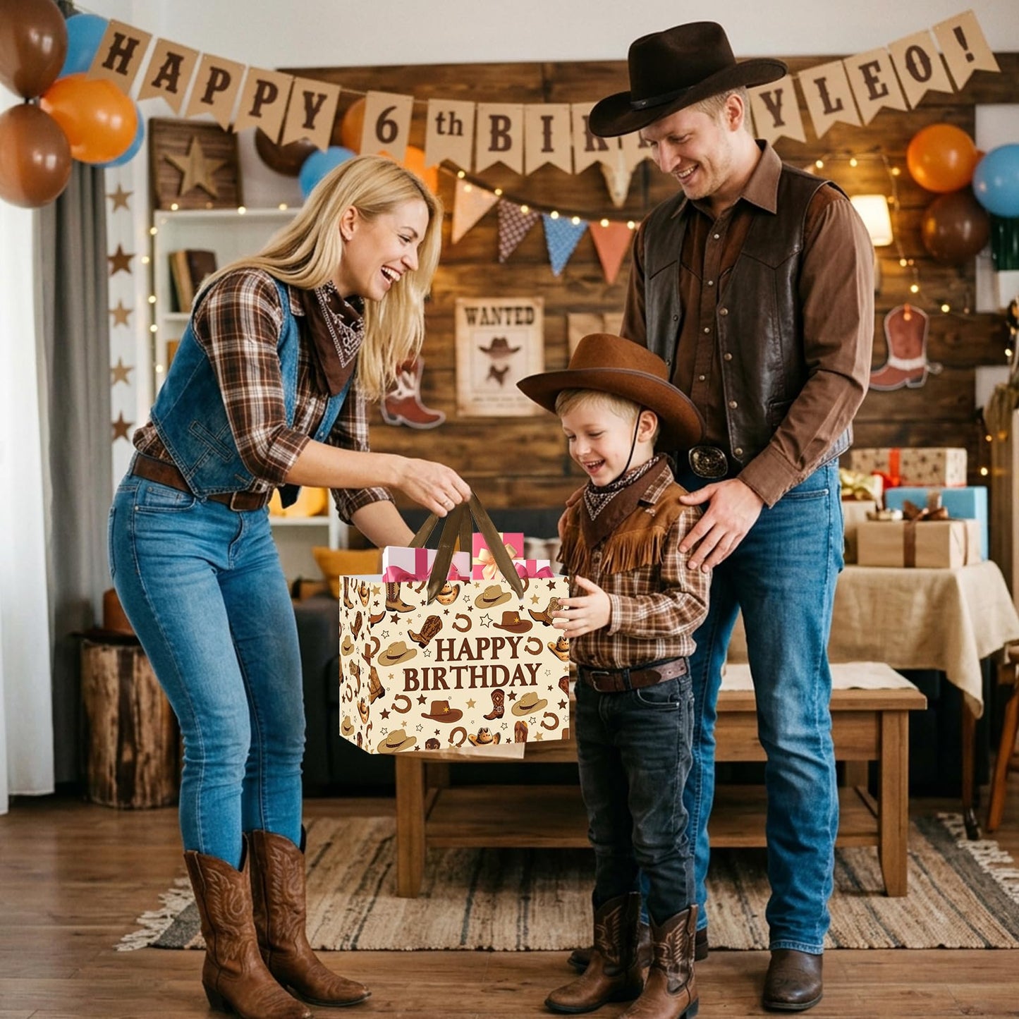 TagreSpike Western Cowboy Birthday Gift Bag for Boys Men Rustic Rodeo Gift Wrapping Bag with Dark Brown Tissue Paper & Card - Country Farm Theme Party Supplies Presents for Kids Son My First Rodeo
