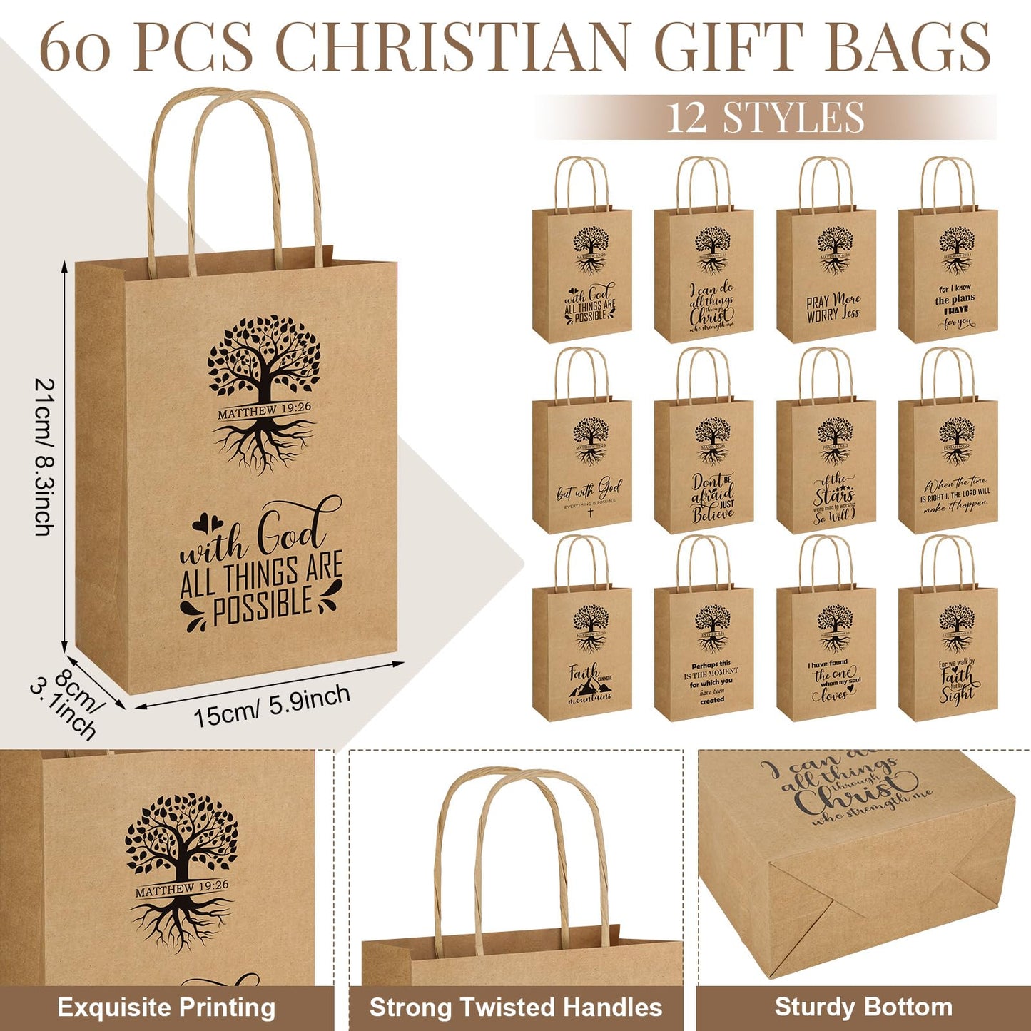 60 PCS Christian Gift Bags Bulk Religious Brown Kraft Paper Bags with Handles Bible Verse Inspirational Designs for Church Welcome Gifts Pastor Family Baptism Reunion