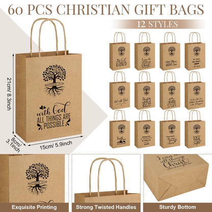 60 PCS Christian Gift Bags Bulk Religious Brown Kraft Paper Bags with Handles Bible Verse Inspirational Designs for Church Welcome Gifts Pastor Family Baptism Reunion