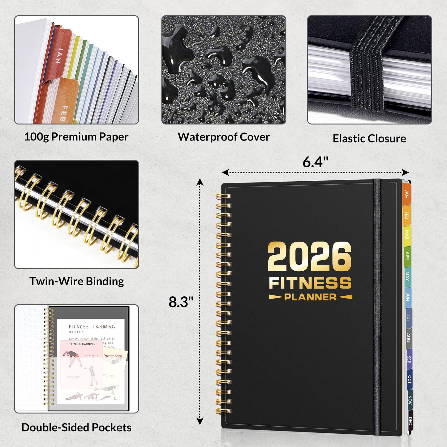 2026 Fitness Workout Journal Planner for Women & Men, JAN 2026 - DEC 2026 Exercise Planner, 6.4" x 8.3" Workout Calendar Journal Essentials Gift for Goals, Tracking, Gifts with PVC Plastic Cover,Black