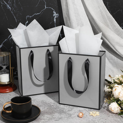 Yeaqee 24 Pack Metallic Paper Gift Bags with Handle and Tissue 9x7x3.1 Gold Foil Welcome Thank You Favor Bags Return Gifts for Wedding Graduation Bridesmaid Groomsmen Birthday(Gray, Black)