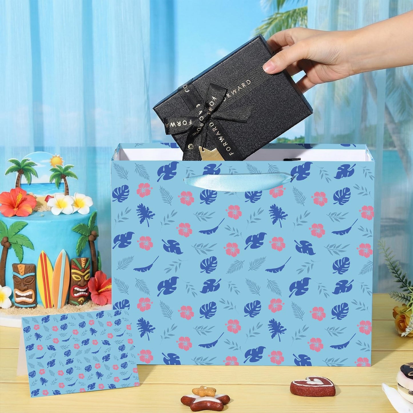 Wayyogh Hawaiian Gift Bag Cute Cartoon Blue Pink Hibiscus Party Gift Bags with Wrapping Tissue Paper and Greeting Card Hawaiian Wrapping Paper for Birthday Baby Shower Holiday Party Supplies