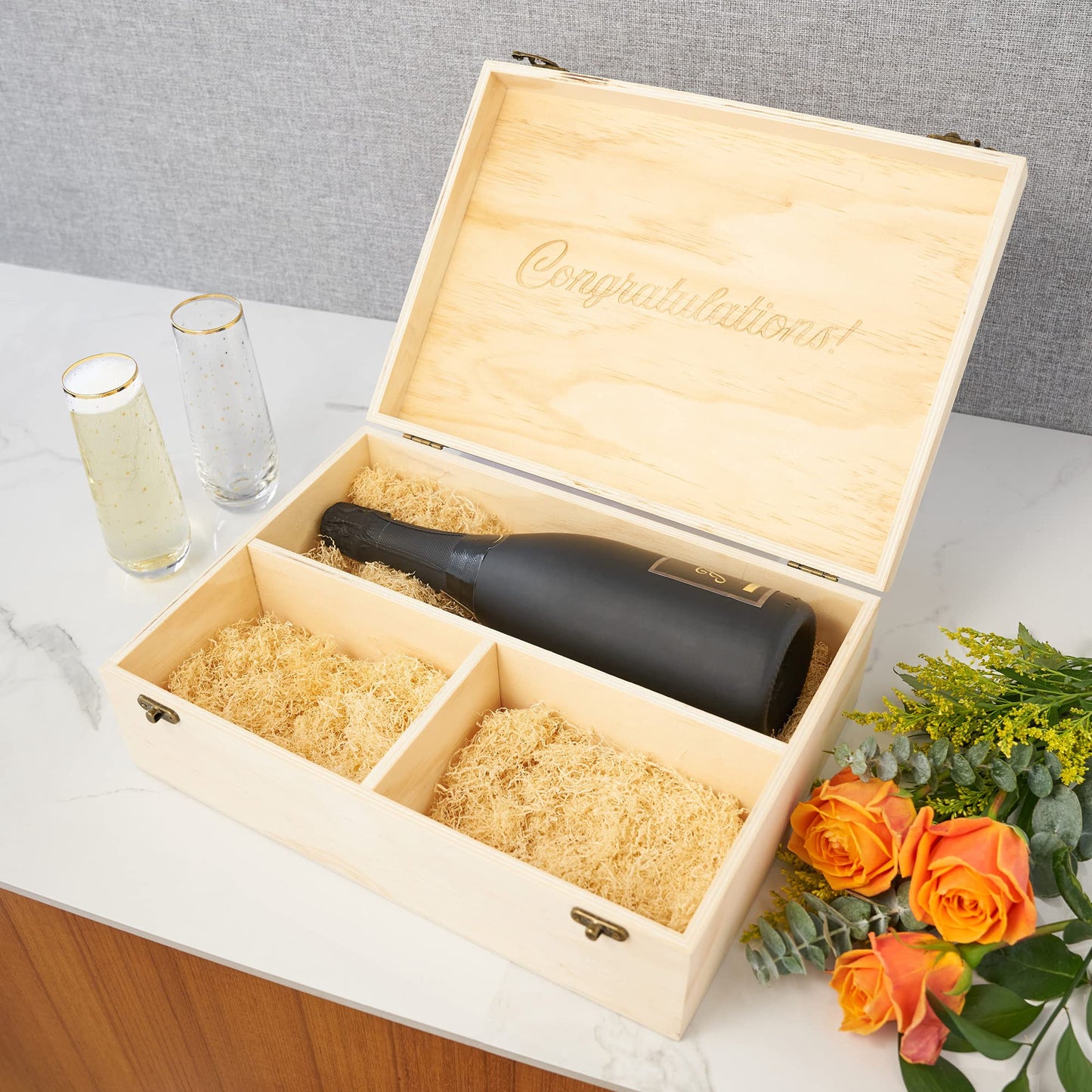 Twine Champagne Bottle Gift Box, Wine Box with Lid and 2 Stemless Flutes, Packing Straw, Holds 1 Champagne Bottle, Wood