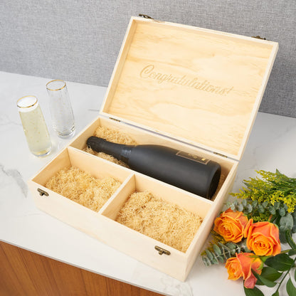 Twine Champagne Bottle Gift Box, Wine Box with Lid and 2 Stemless Flutes, Packing Straw, Holds 1 Champagne Bottle, Wood