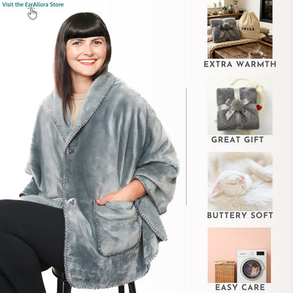 EzrAllora Premium Double Layer Poncho Blanket - No Sleeves Easy On Easy Off- Drape and Go- 2 pockets - Gifts for Grandma (Silver Grey)