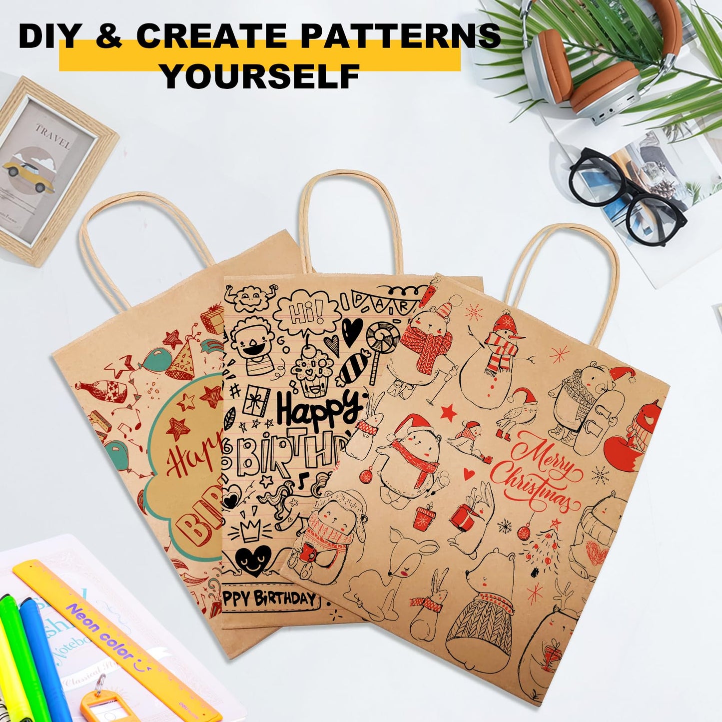 BAG BOX 100 Pcs Medium 8.25x4.3x10.6 Inch Brown Kraft Paper Gift Bags with Handles for Bulk Wedding, Party Favors, Grocery, Shopping, Retail Merchandise, Gift Sacks