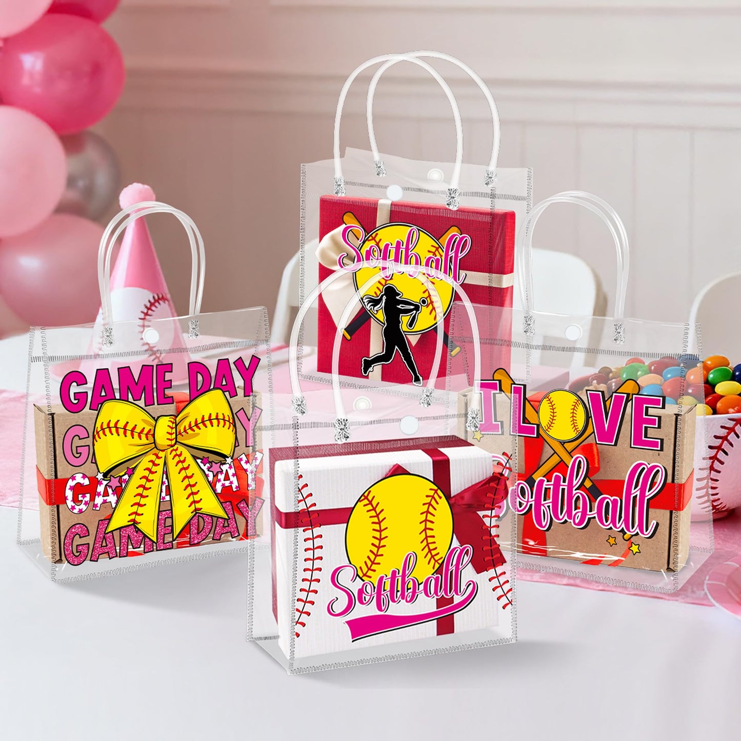 H1vojoxo Softball Goodie Gift Bags - 24PCS Softball Clear PVC Gift Bags for Team Girls with Handle Reusable Sport Party Favors Team Birthday Gifts Bag Treat Snack Bag for Girls End of Season Gifts Bag