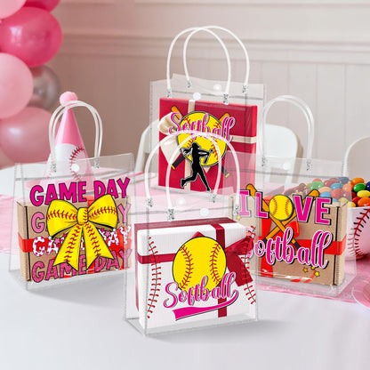 H1vojoxo Softball Goodie Gift Bags - 24PCS Softball Clear PVC Gift Bags for Team Girls with Handle Reusable Sport Party Favors Team Birthday Gifts Bag Treat Snack Bag for Girls End of Season Gifts Bag