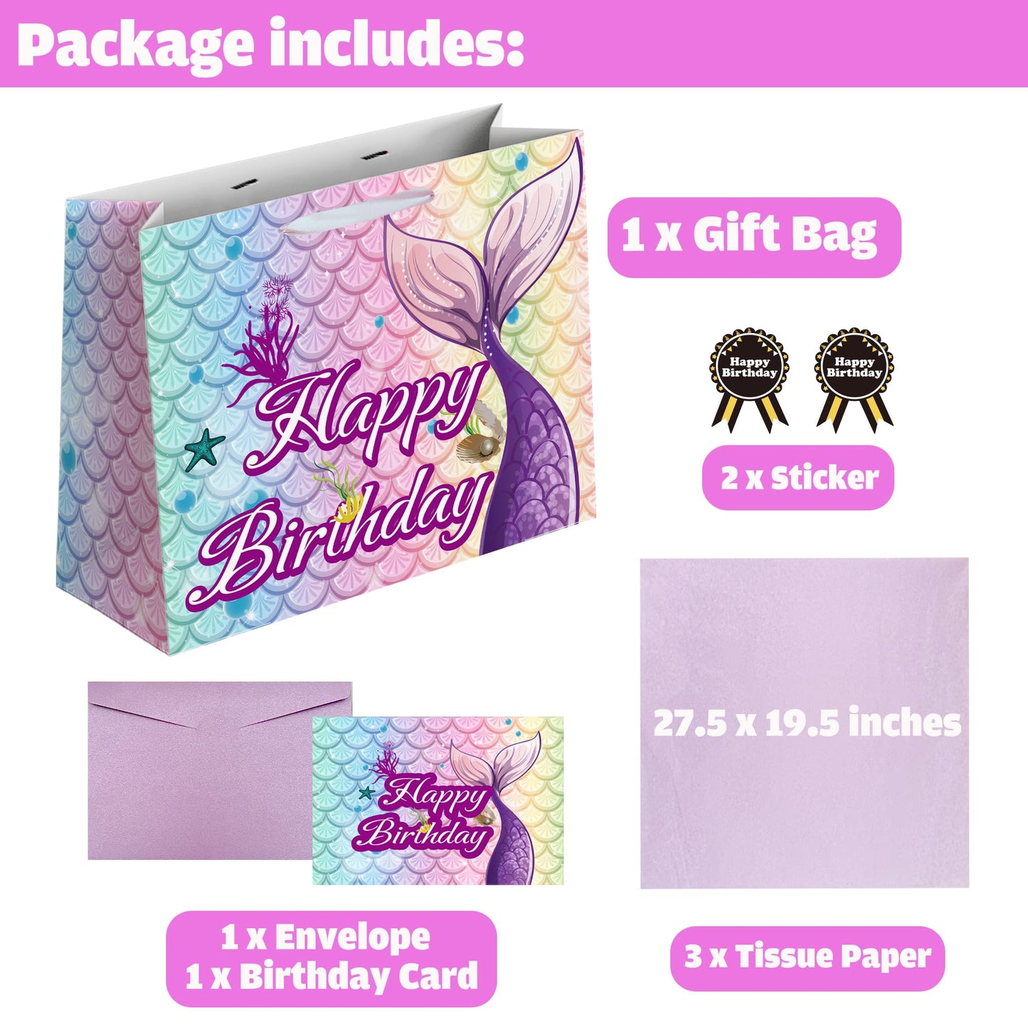 Sumerk 13" Mermaid Birthday Gift Bag with Tissue Papers and Greeting Card, Envelope and Stickers - Pink Purple Gifts Wrapping Bag for Birthday