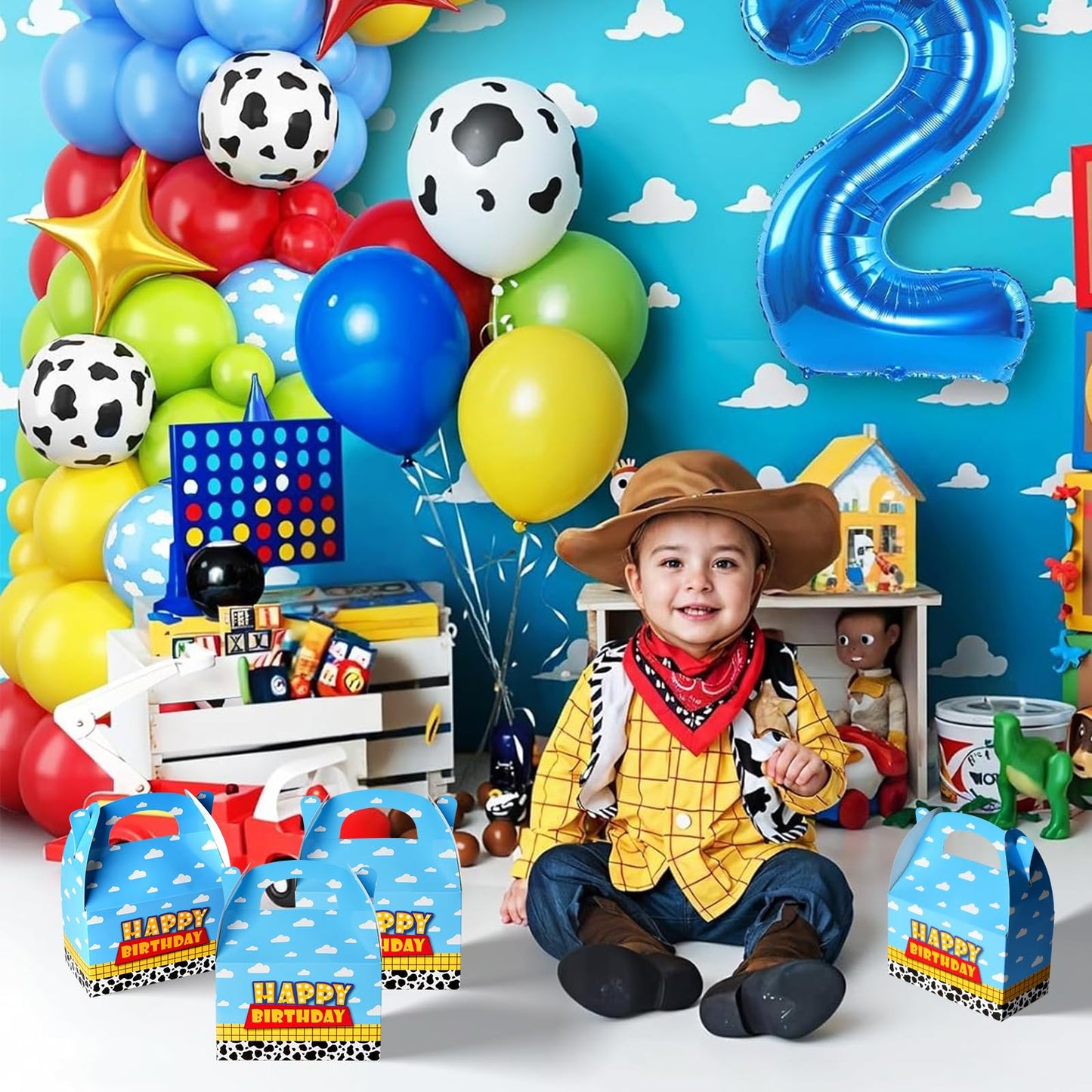 Ragnhild 16 Pcs Cartoon Story Birthday Party Favor Boxes, Cow Pattern Birthday Goodie Box Party Supplies, Blue Sky White Cloud Kraft Paper Gift Boxes for Kids Decorations