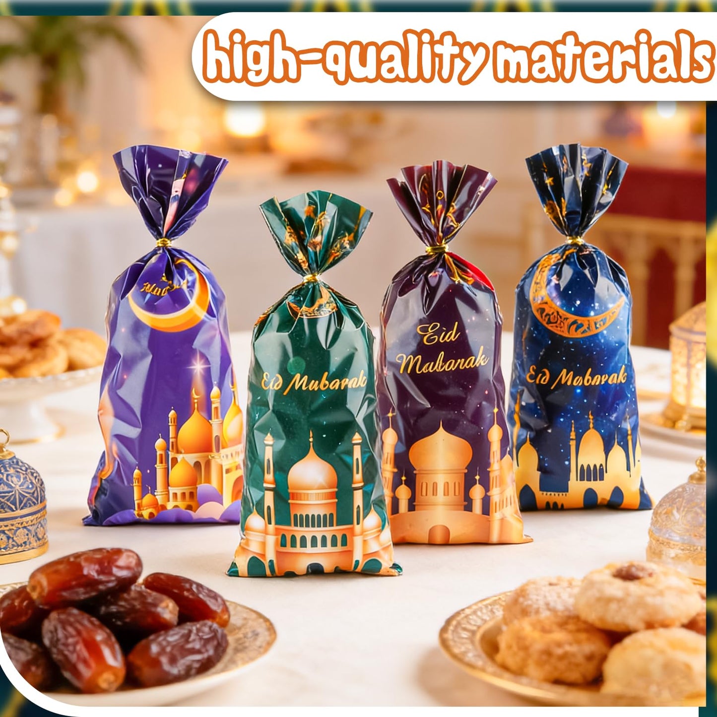 LERCTH 50 PCS Ramadan Eid Mubarak Gift Bags with Gold Twist Ties - 4.9x10.7 Inch Metallic Foil Treat Bags, Moon Star Design Party Favor Bags for Islamic Holiday Celebrations