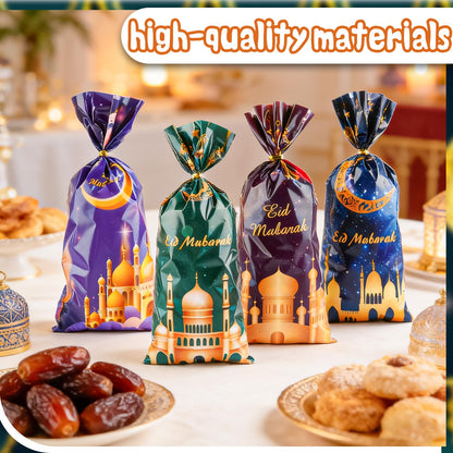 LERCTH 50 PCS Ramadan Eid Mubarak Gift Bags with Gold Twist Ties - 4.9x10.7 Inch Metallic Foil Treat Bags, Moon Star Design Party Favor Bags for Islamic Holiday Celebrations