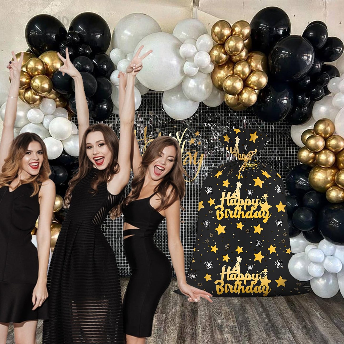 Extra Large Birthday Plastic Gift Bags Boys Black and Gold 36x56 Inch Jumbo Black Gift Bag XL Happy Birthday Themed Kids Women Men Party Favors Decorations Golden Star