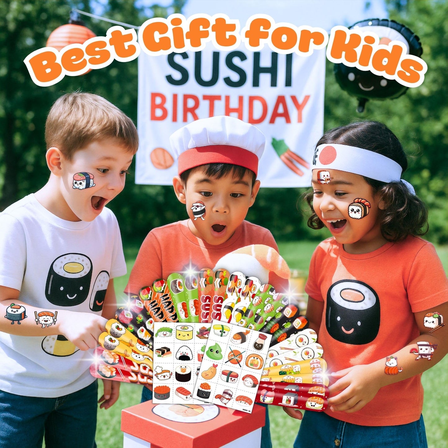 48PCS Sushi Party Set - 24PCS Temporary Pre - cut Tattoos & 24PCS Slap Bracelets - Fun Food-Themed Birthday Supplies, Baby Shower Gifts, Classroom Rewards & Party Decor for Kids (Boys & Girls)