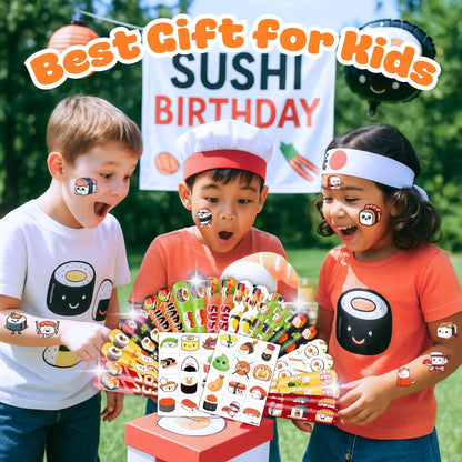 48PCS Sushi Party Set - 24PCS Temporary Pre - cut Tattoos & 24PCS Slap Bracelets - Fun Food-Themed Birthday Supplies, Baby Shower Gifts, Classroom Rewards & Party Decor for Kids (Boys & Girls)