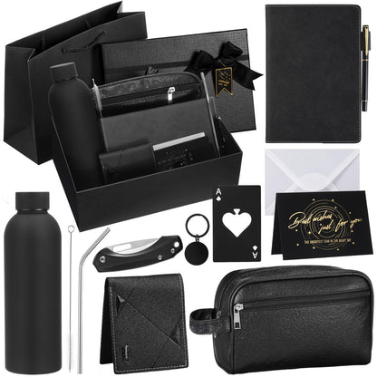 Mimorou 13 Pcs Gift Sets for Men, Thank You Gift Baskets 16.9 oz Sports Water Bottle & Leather Toiletry Bag with Wallet Knife, Birthday Fathers Day Care Package for Dad, Husband