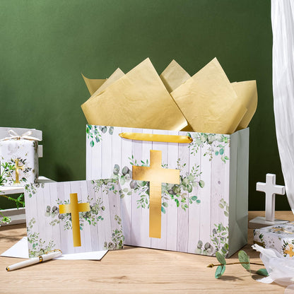 WRAPAHOLIC 13" Large Religious Gift Bag with Card and Tissue Paper - Gold Foil Eucalyptus Cross Design for First Communion, Easter, Baby Baptisms, Christenings