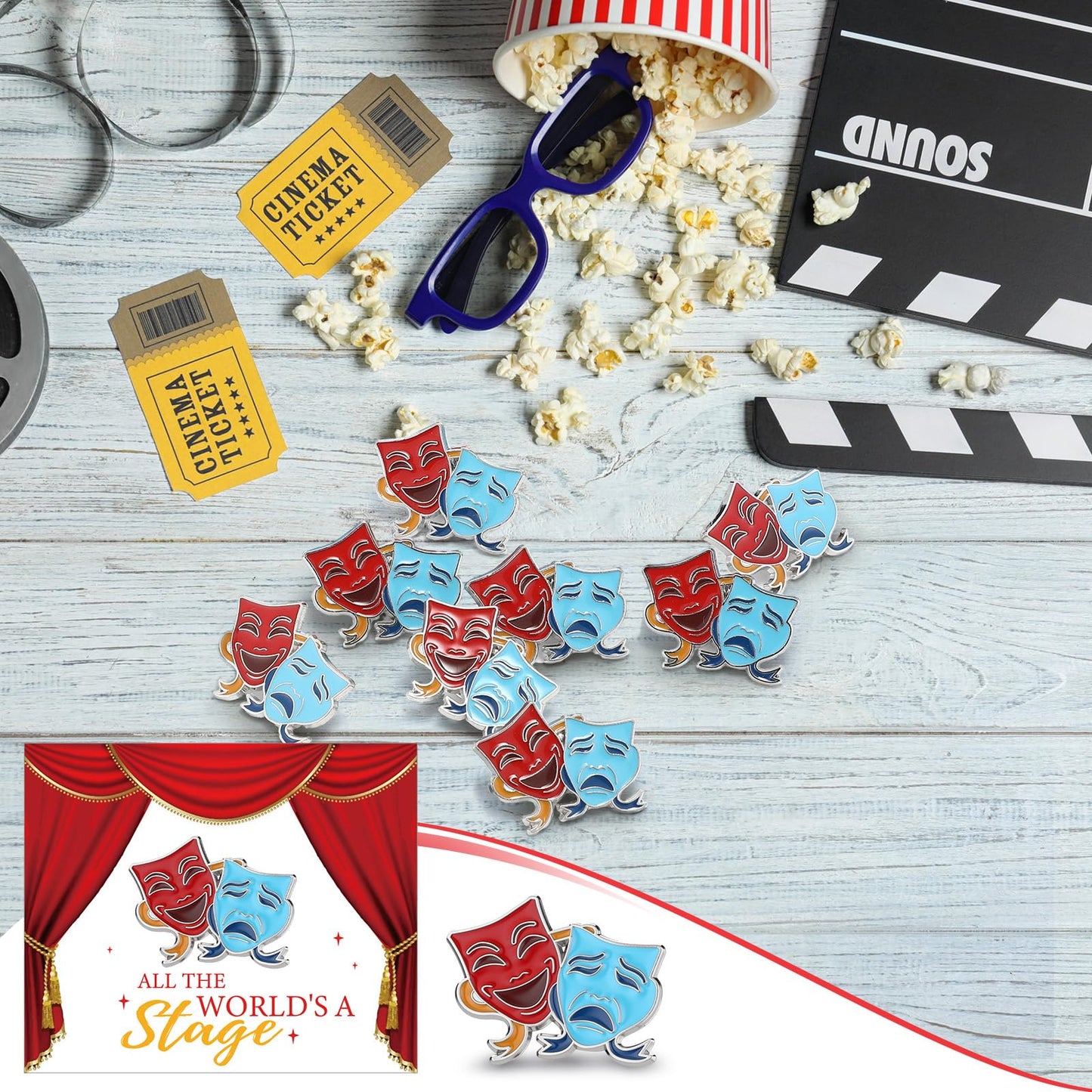 Huquary 36 Pcs Theater Gifts Drama Masks Pins with 36 Pcs Greeting Cards Comedy Tragedy Masks Hat Pin Performance Award Theater Lapel Badge for Drama Students Reward