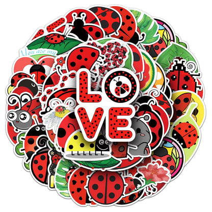 50 Pcs Cute Ladybug Stickers - Waterproof Vinyl Ladybug Decals with Love/Fruit Motifs for Skateboard, Laptop, Fridge & Luggage (Assorted Adorable Ladybug Designs)(Ladybug)
