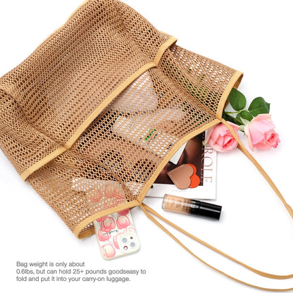KPX Beach Bag with Mini Pocket, Summer Beach Tote Bags for Women Large Foldable Mesh Swimming Pool Travel Bags - Sandproof
