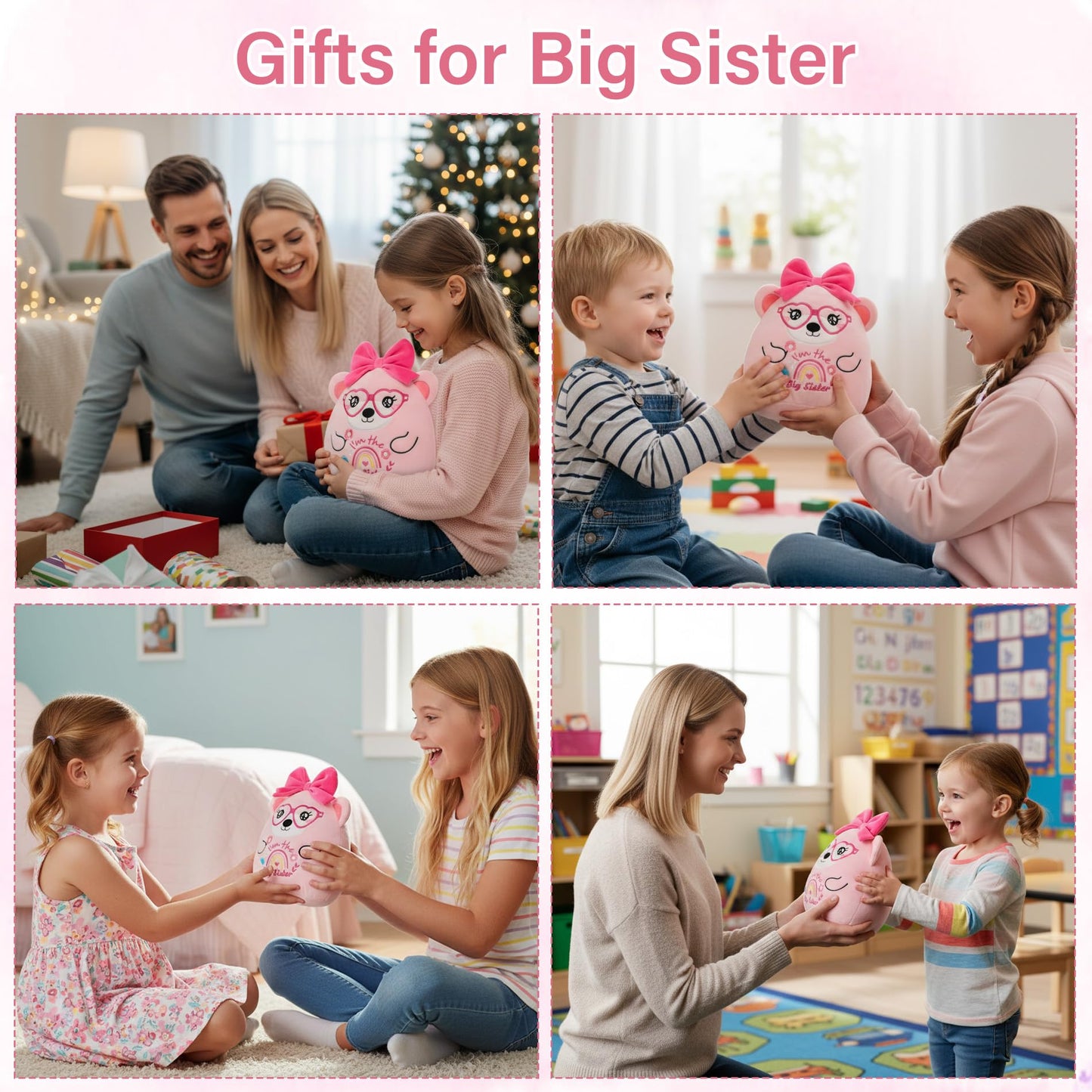 Big Sister Gifts Bear Plush - Cute "I'm the Big Sister" Plush Bear with Big Bow Heart Glasses Rainbow Embroidery Toy Sister Gift for Girl Sibling Kid’s Birthday Baby Shower Bear Gift for Toddler 10in