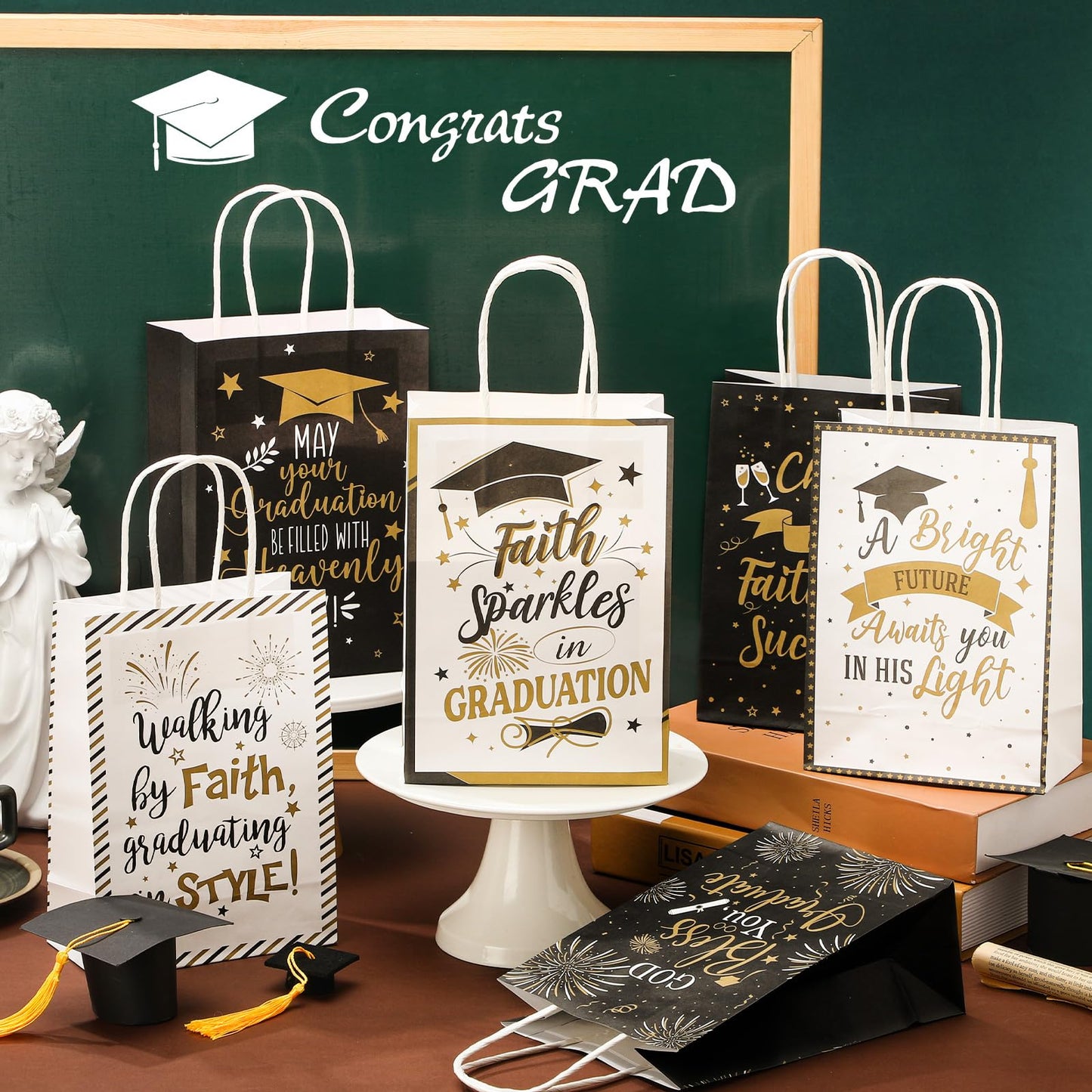 Humyoun 24 Pack Christian Graduation Gift Bags Class of 2026, Religious Graduation Favor Bags with Bible Verses, Black and Gold Paper Gift Box with Handles for Church College High School Party Favor