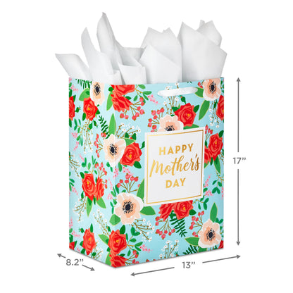 Hallmark 17" Extra Large Mother's Day Gift Bag with Tissue Paper (Red Roses, Green Foliage, Bright Blue) for Mom, Grandma, Nana, New Mother