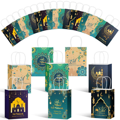 Cholemy 30 Pcs Eid Mubarak Gift Paper Bags with Handles Ramadan Gift Muslim Party Goody Treat Bags for Eid Mubarak Holiday Party Favor Supplies Decor Candy Gifts