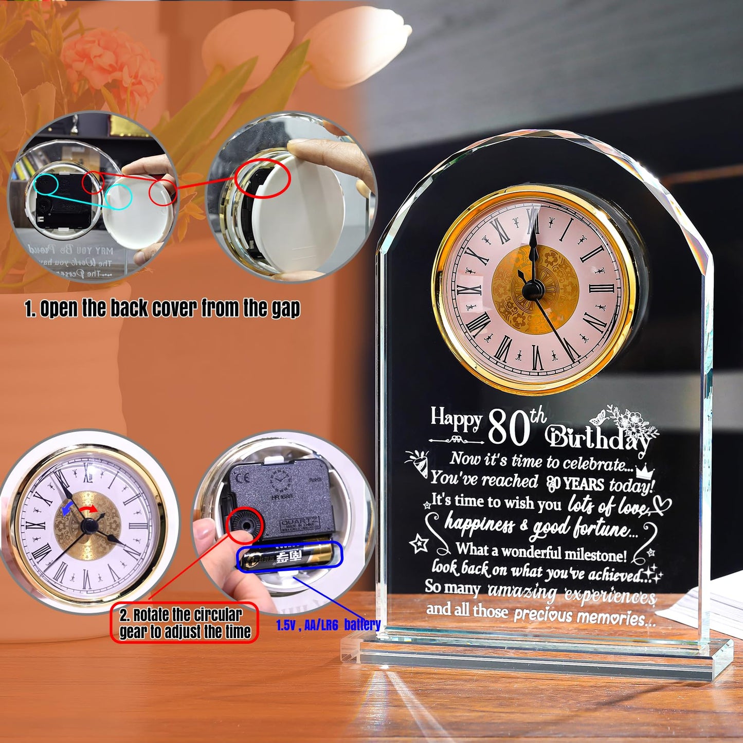 Ornalrist Happy 80th Birthday Quartz Clock Gifts for Women, Men, Couple, Parents & Grandma - 80 Year Old Birthday Presents for Her, Mom, Dad - 80 Year Blessing Quartz Clock Keepsake Home Decor