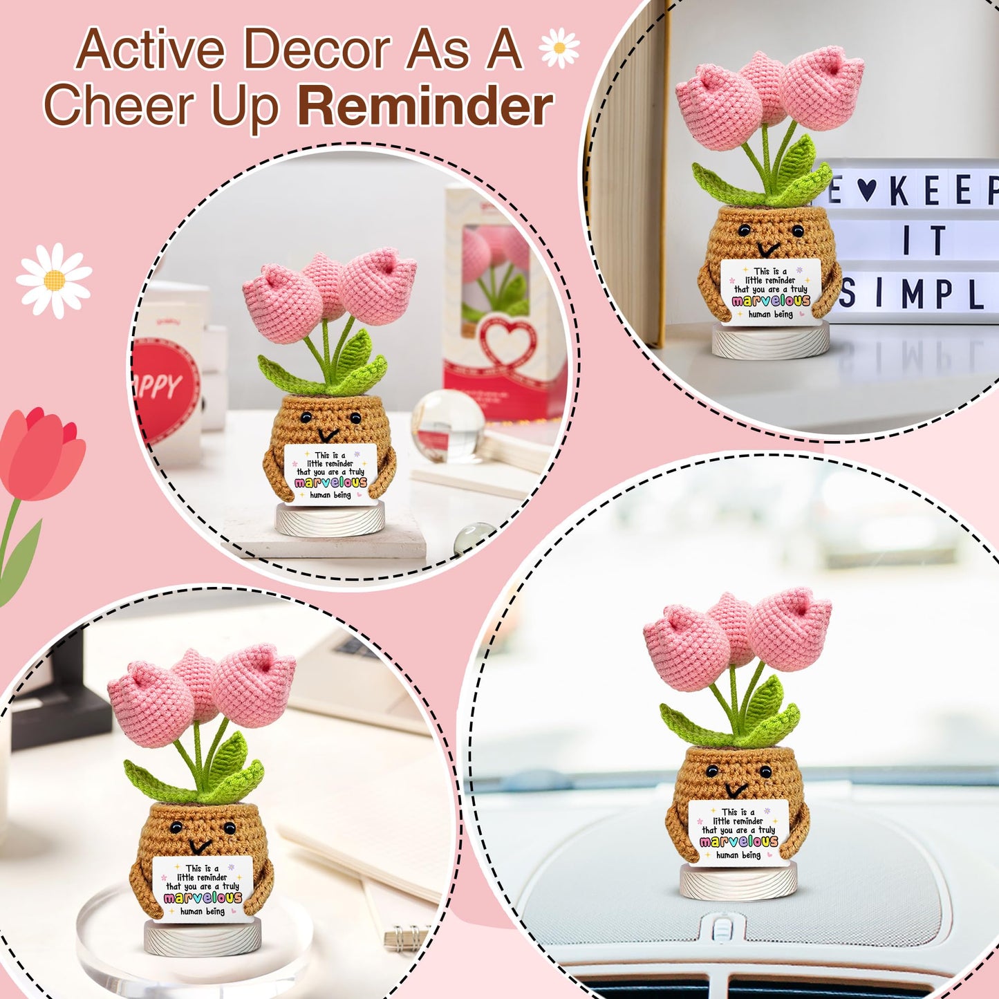 Gossby Handmade Positive Tulip Flower Crochet - This is A Little Reminder - Inspirational Gift for Women - Thank You, Appreciation, Positive Gift for Teacher, Mom, Friend, Coworker - Knitted Decor