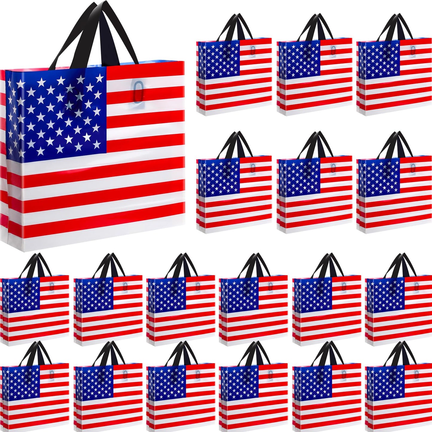 Sweetude 24 Pcs American Flag Plastic Shopping Bag with Handle 10 x 13'' Patriotic Gift Bags for Memorial Day Independence Day Party