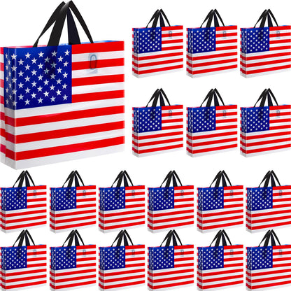 Sweetude 24 Pcs American Flag Plastic Shopping Bag with Handle 10 x 13'' Patriotic Gift Bags for Memorial Day Independence Day Party