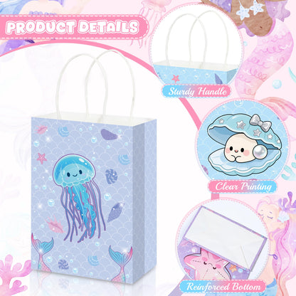 Pineraap 24Pcs Ocean Animals Party Favor Bags with Handles, Mermaid Gift Goodie Treat Paper Bags, Under the Sea Theme Gift Paper Bag for Girls Boys Kids Birthday, Mermaid Theme Party, Baby Shower
