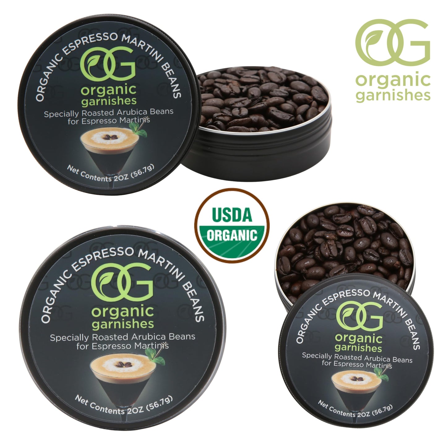 ORGANIC ESPRESSO MARTINI BEANS - MARTINI GARNISH FOR COCKTAILS - EDIBLE DARK ROAST ESPRESSO BEANS - OG ORGANIC GARNISHES - CRAFT COCKTAIL - HOME BARTENDER - MIXOLOGY - 2oz TIN