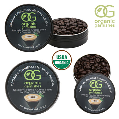 ORGANIC ESPRESSO MARTINI BEANS - MARTINI GARNISH FOR COCKTAILS - EDIBLE DARK ROAST ESPRESSO BEANS - OG ORGANIC GARNISHES - CRAFT COCKTAIL - HOME BARTENDER - MIXOLOGY - 2oz TIN