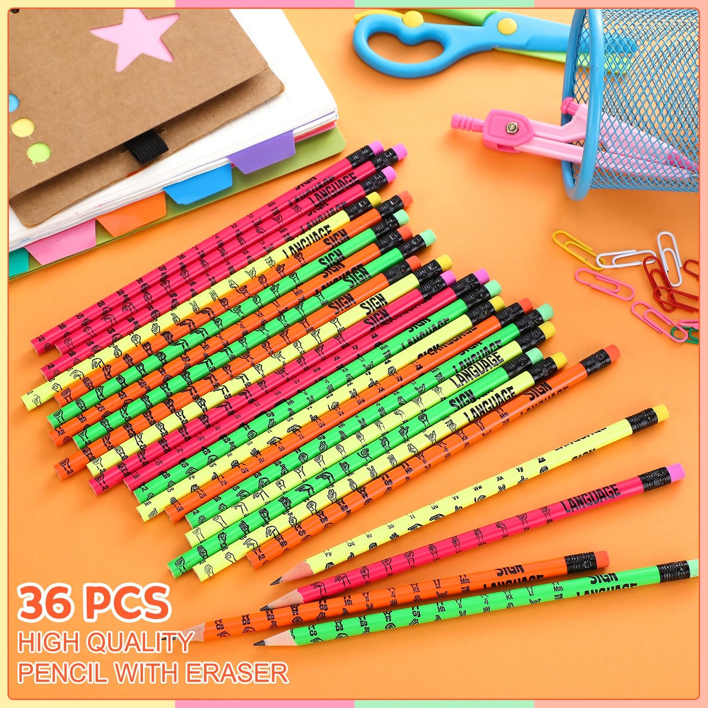 Affrolling 136 Pcs Sign Language Gift Set Including 36 Pcs Sign Language Pencils and 100 Pcs ASL Waterproof Stickers PVC American Sign Language Stickers Incentive Gift for Learning Sign Language