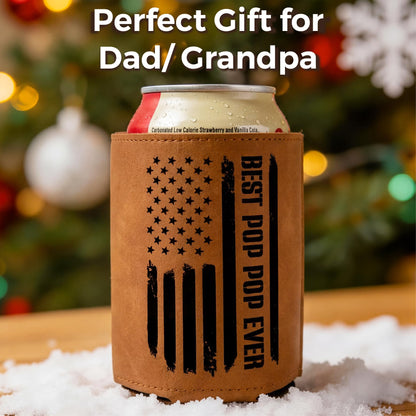 Best Pop Pop Gifts – Funny PU Leather Can Cooler Sleeve for PopPop from Grandkids, Fathers Day Birthday Christmas Gift Idea, Fits 12 Oz Cans