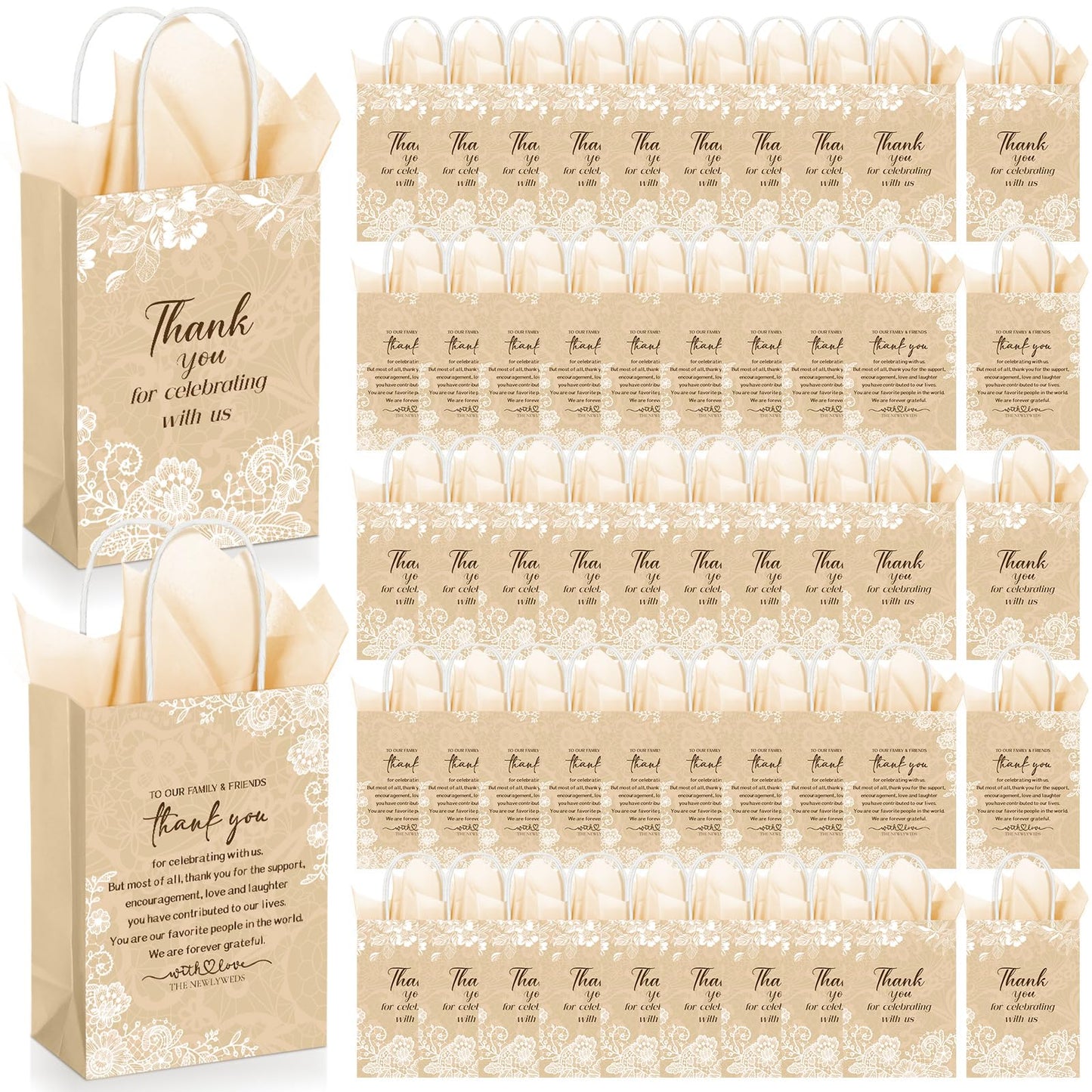 Fuutreo 100 Set Wedding Gift Bags with Tissue Paper Wedding Welcome Favor Paper Bags for Guests with Handles Thank You Bridal Shower Hotel 21 * 8 * 15cm(Vintage Lace)