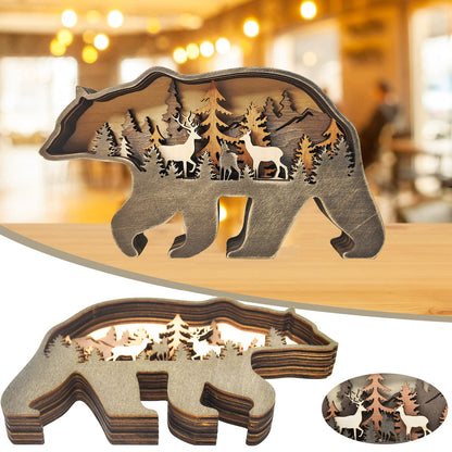 MACLARONX Wood Bear Art Decor Multi-Layer Brown Bear Figurine Rustic Home Shelf Desktop Decorations Creative Wild Animal Cutout Silhouette Crafts