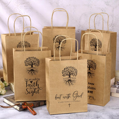 60 PCS Christian Gift Bags Bulk Religious Brown Kraft Paper Bags with Handles Bible Verse Inspirational Designs for Church Welcome Gifts Pastor Family Baptism Reunion