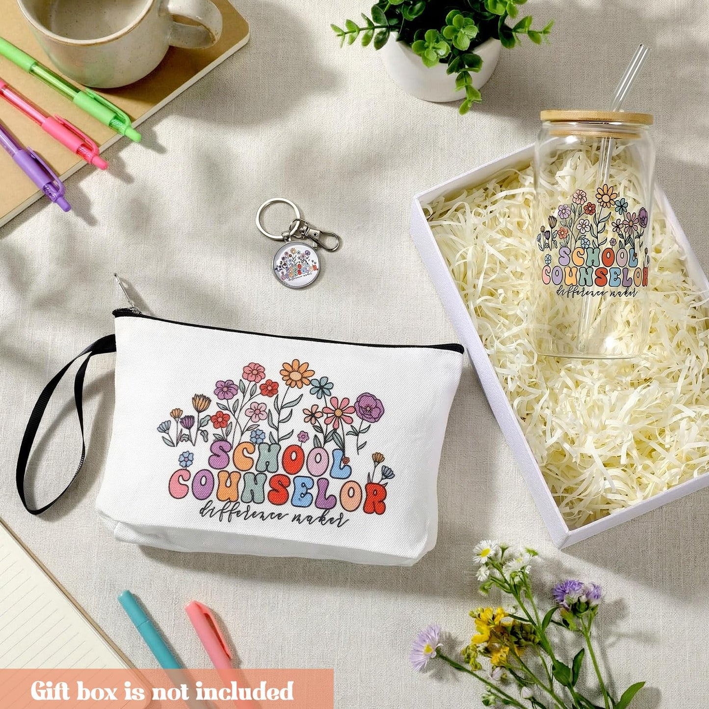 Kacctyen School Counselor Gift for Women School Counselor Makeup Bag with Keychain 17 oz Glass Cup with Lid and Straw Appreciation Gifts