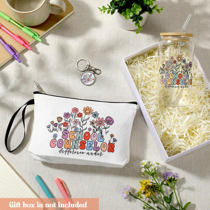 Kacctyen School Counselor Gift for Women School Counselor Makeup Bag with Keychain 17 oz Glass Cup with Lid and Straw Appreciation Gifts