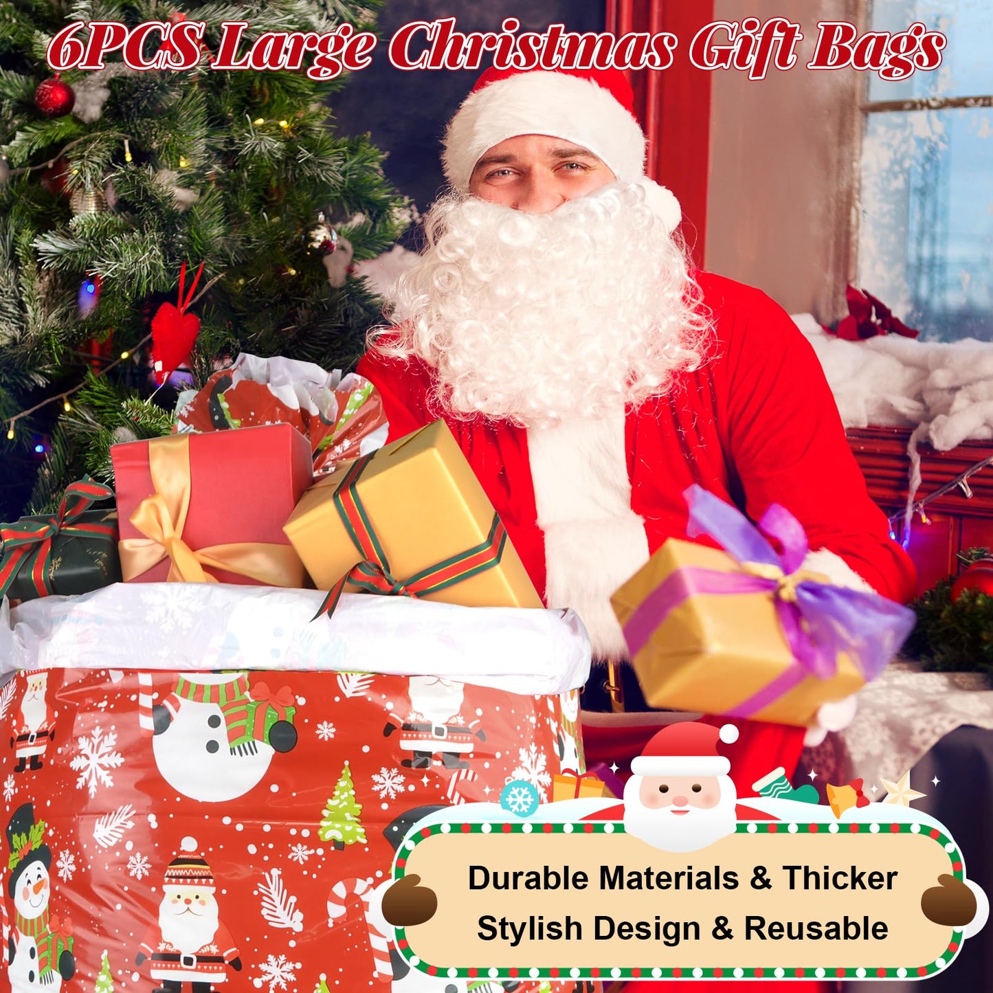letesult 55" x 35" Extra Large Christmas Gift Bags, 6PCS Jumbo Christmas Themed Bags Holiday Gift Wrap Plastic Gifts Bag with Tag and String for Huge Big Gifts Presents Wrapping Bicycle Bike Gift Bag