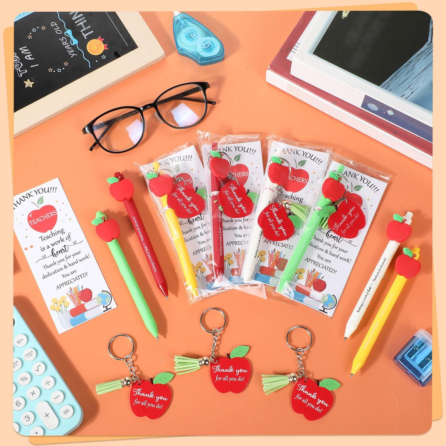 Kosiz 24 Sets Teacher Appreciation Gifts Bulk for Women Men Include Retractable Ballpoint Pens Thank You Keychain End of Year Gifts Greeting Card with Ties(Apple)